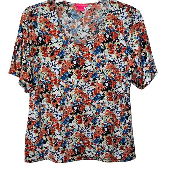 SUNNY LEIGH SHORT SPLIT SLV, V-NECK, TUNIC TOP, WOMENS, L, MULTICOLORED FLORAL - Picture 1 of 12